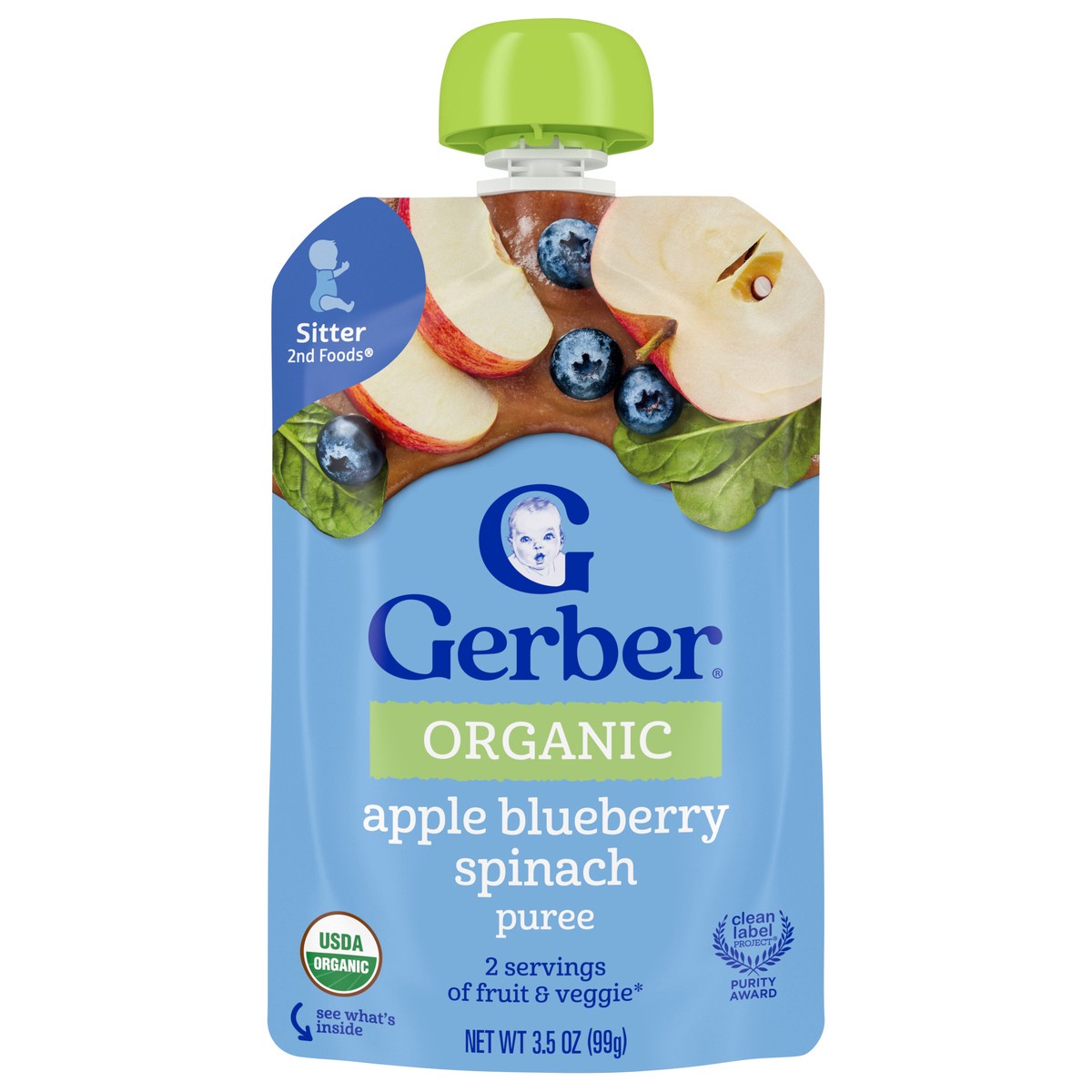 slide 1 of 9, Gerber Stage 2 Baby Food, Organic Apple Blueberry Spinach, 3.5 oz Pouch, 3.5 oz