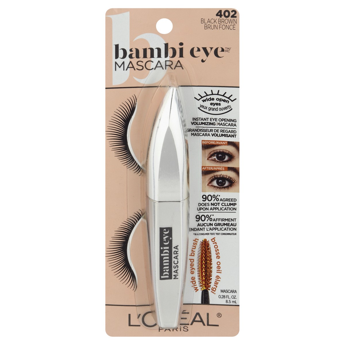 slide 1 of 9, L'Oréal Bambi Eye Washable Mascara, Lasting Volume, Black Brown, 0.28 oz