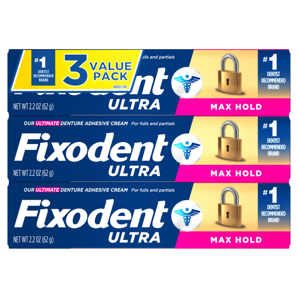 slide 5 of 29, Fixodent Ultra Max Hold Denture Adhesive Cream 3 Value Pack 3 - 2.2 oz Boxes, 3 ct