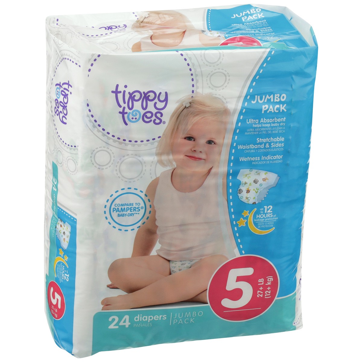 slide 2 of 8, Tippy Toes Diapers, Stage 5 - 27+LB (12+ KG), Jumbo Pack, 24 ct