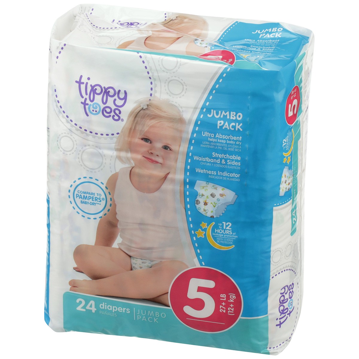 slide 7 of 8, Tippy Toes Diapers, Stage 5 - 27+LB (12+ KG), Jumbo Pack, 24 ct