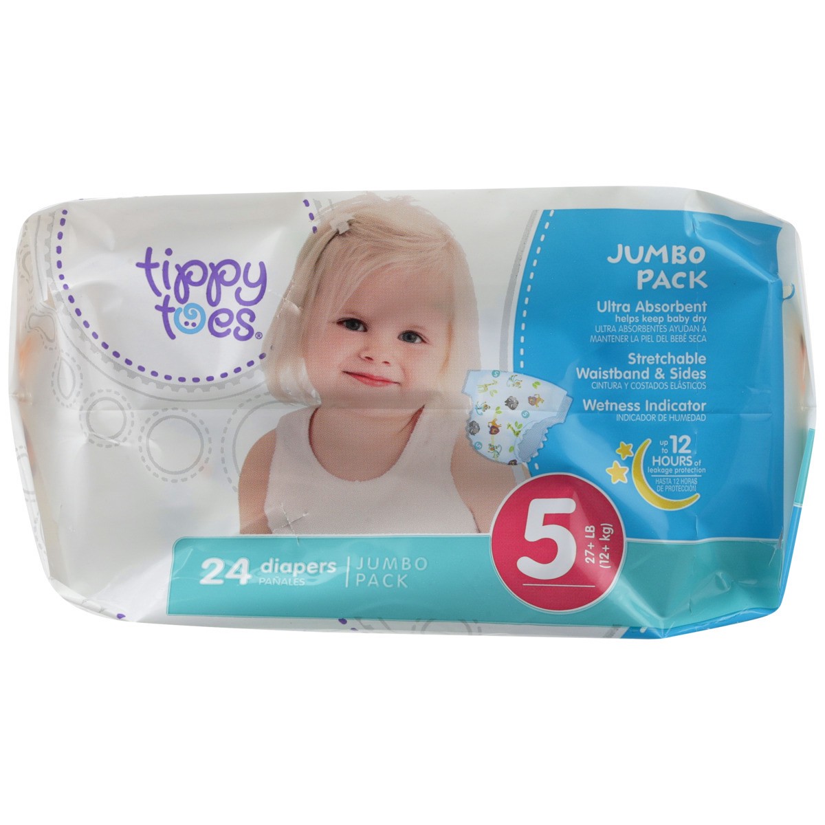 slide 4 of 8, Tippy Toes Diapers, Stage 5 - 27+LB (12+ KG), Jumbo Pack, 24 ct