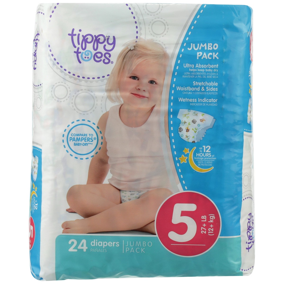 slide 6 of 8, Tippy Toes Diapers, Stage 5 - 27+LB (12+ KG), Jumbo Pack, 24 ct