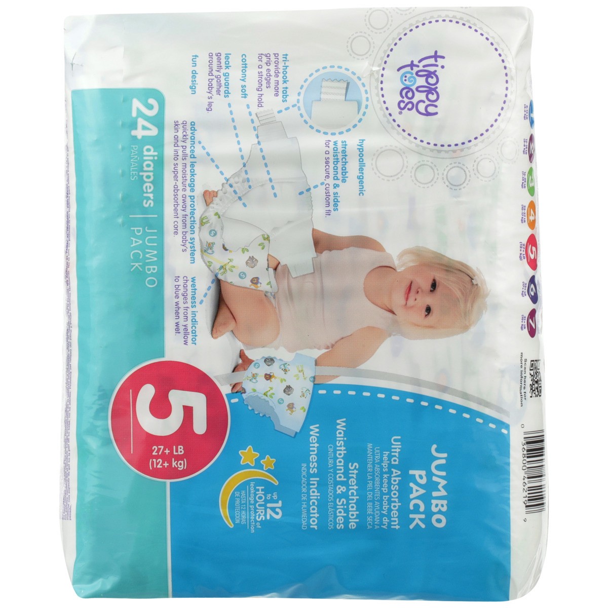 slide 3 of 8, Tippy Toes Diapers, Stage 5 - 27+LB (12+ KG), Jumbo Pack, 24 ct