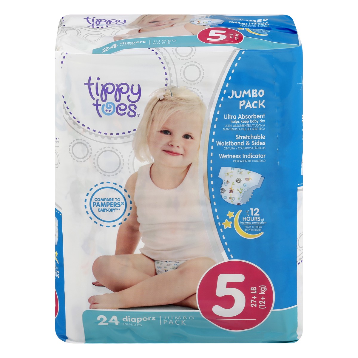 slide 1 of 8, Tippy Toes Diapers, Stage 5 - 27+LB (12+ KG), Jumbo Pack, 24 ct