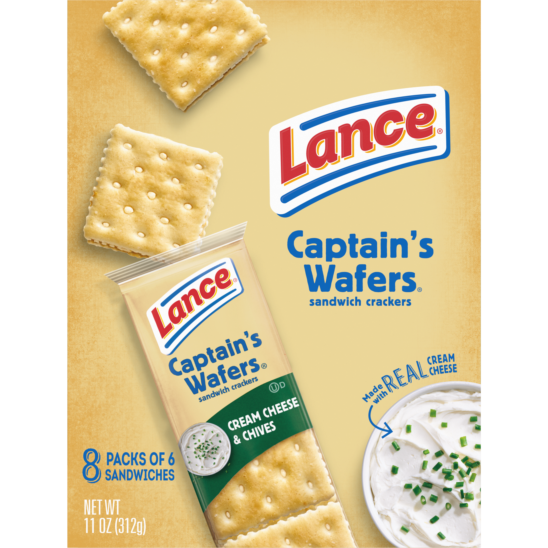 slide 2 of 5, Lance Sandwich Crackers, Captain's Wafers Cream Cheese and Chives, 8 Packs, 6 Sandwiches Each, 8 ct