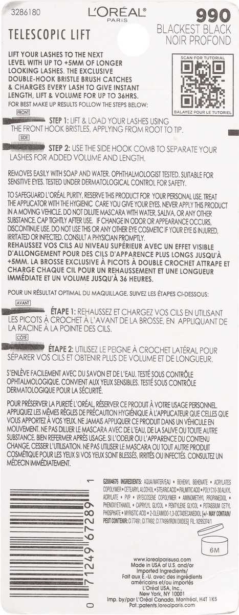 slide 3 of 12, L'Oréal Telescopic Lift Blackest Black Length Lift & Volume Mascara 0.33 fl oz, 0.33 fl oz