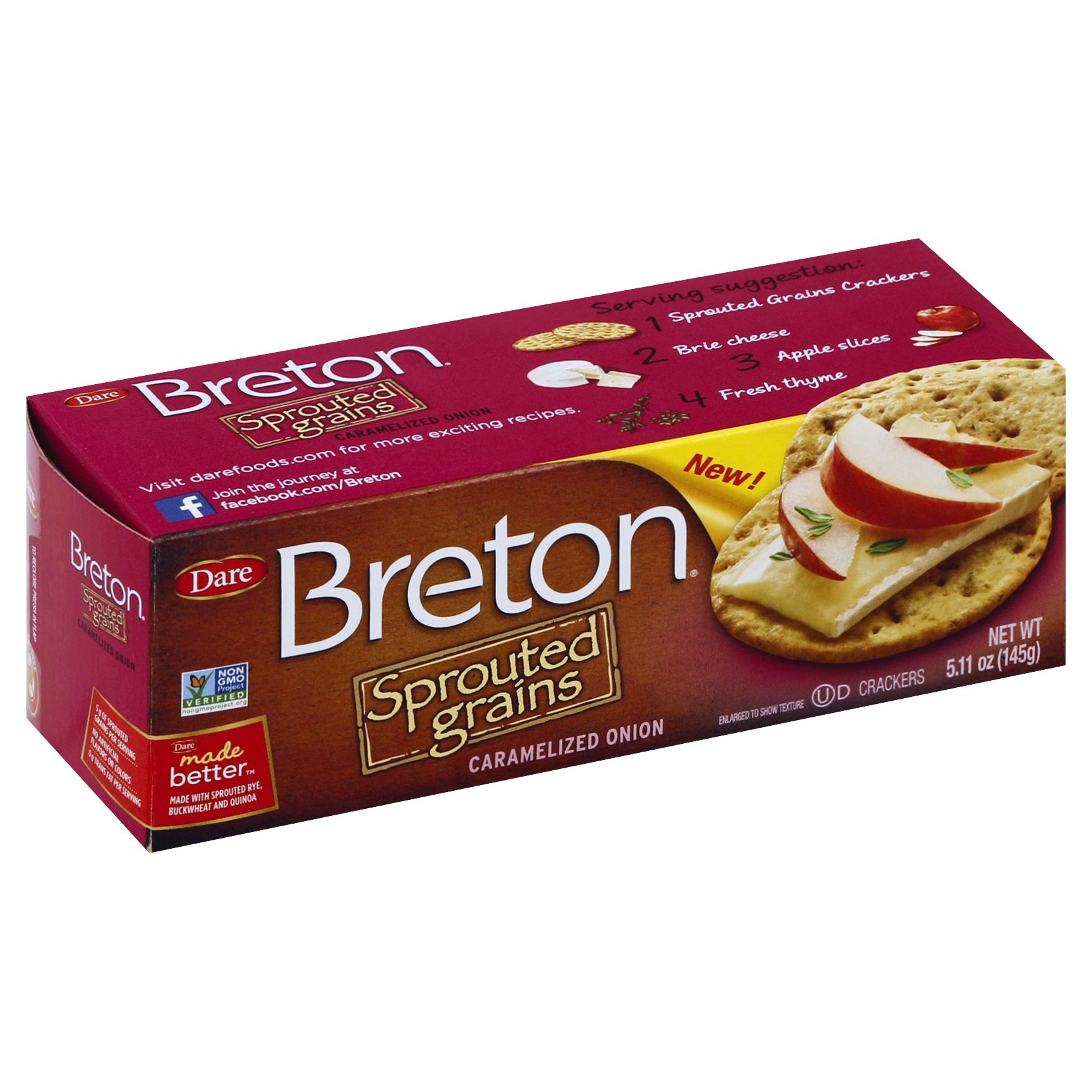 slide 1 of 1, Dare Breton Sprouted Grains Caramelized Onion Crackers, 5.11 oz