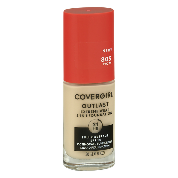 slide 1 of 1, Covergirl Outlast Extreme Wear 3-In-1 Foundation, Ivory 805, Spf18, 1 fl oz