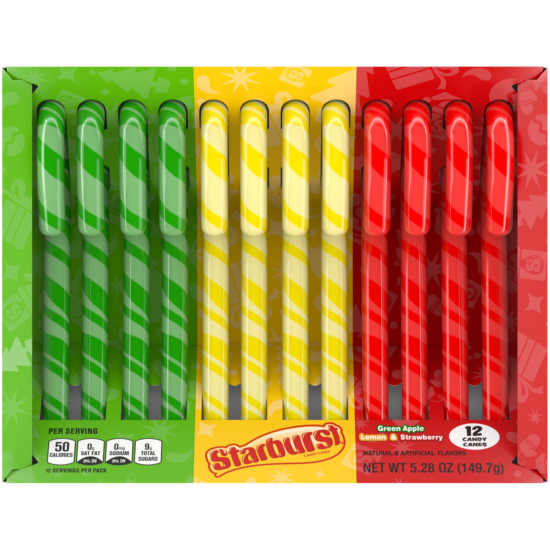 slide 1 of 10, STARBURST, Assorted Candy Canes Green Apple, Lemon & Strawberry, 5.28 Oz, 5.28 oz