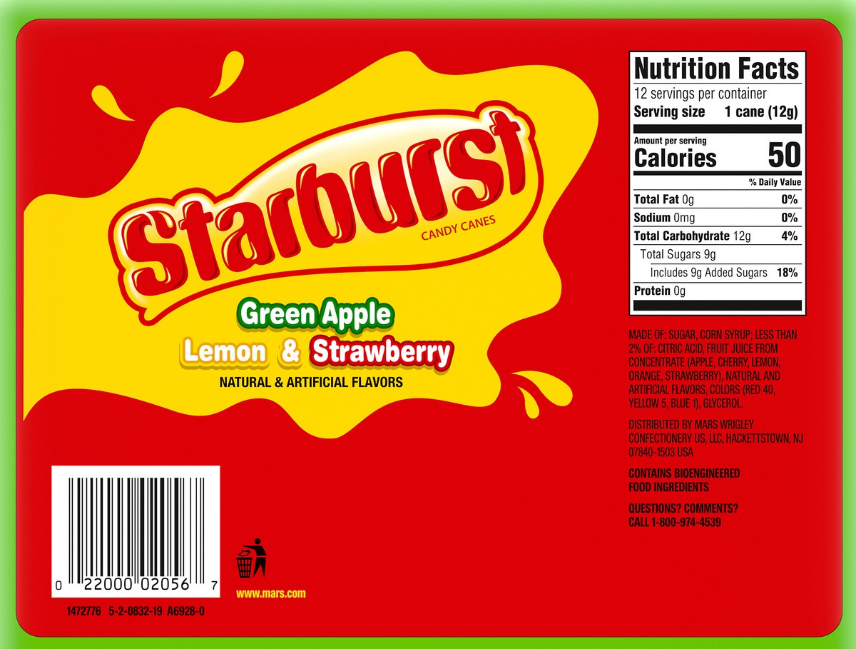 slide 4 of 10, STARBURST, Assorted Candy Canes Green Apple, Lemon & Strawberry, 5.28 Oz, 5.28 oz