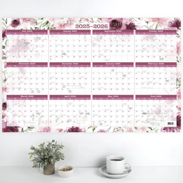 slide 5 of 5, AT-A-GLANCE® BADGE Reversible Erasable Academic and Regular Year 2025-2026 Wall Calendar, Floral, Extra Large, 24"" x 36"", 1 ct