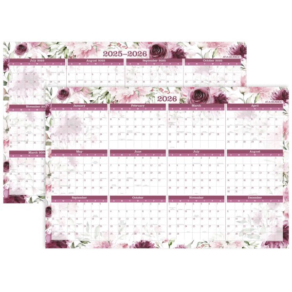 slide 3 of 5, AT-A-GLANCE® BADGE Reversible Erasable Academic and Regular Year 2025-2026 Wall Calendar, Floral, Extra Large, 24"" x 36"", 1 ct