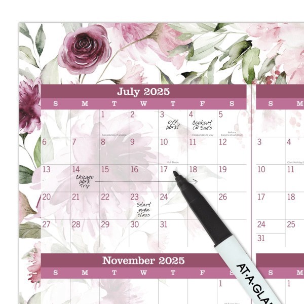 slide 2 of 5, AT-A-GLANCE® BADGE Reversible Erasable Academic and Regular Year 2025-2026 Wall Calendar, Floral, Extra Large, 24"" x 36"", 1 ct
