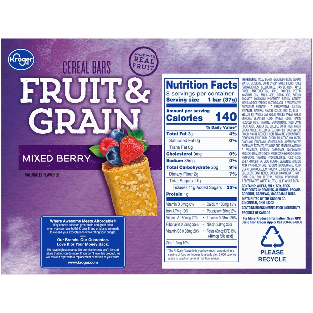 slide 2 of 4, Kroger Fruit & Grain Cereal Bars - Mixed Berry, 8 ct; 1.3 oz