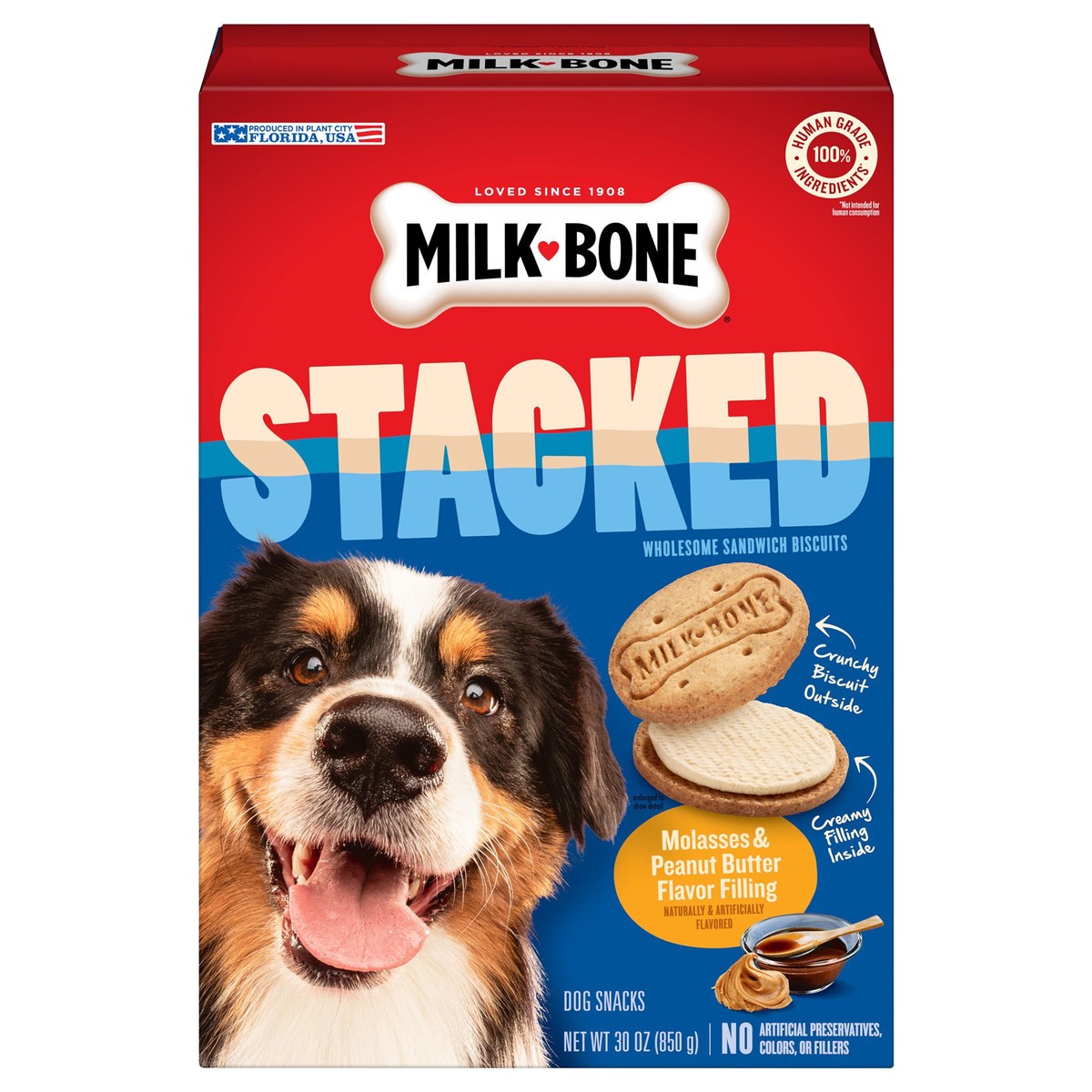 slide 1 of 8, Milk-Bone Stacked Sandwich Biscuits Molasses & Peanut Butter Flavor Filling Dog Snacks 30 oz, 30 oz