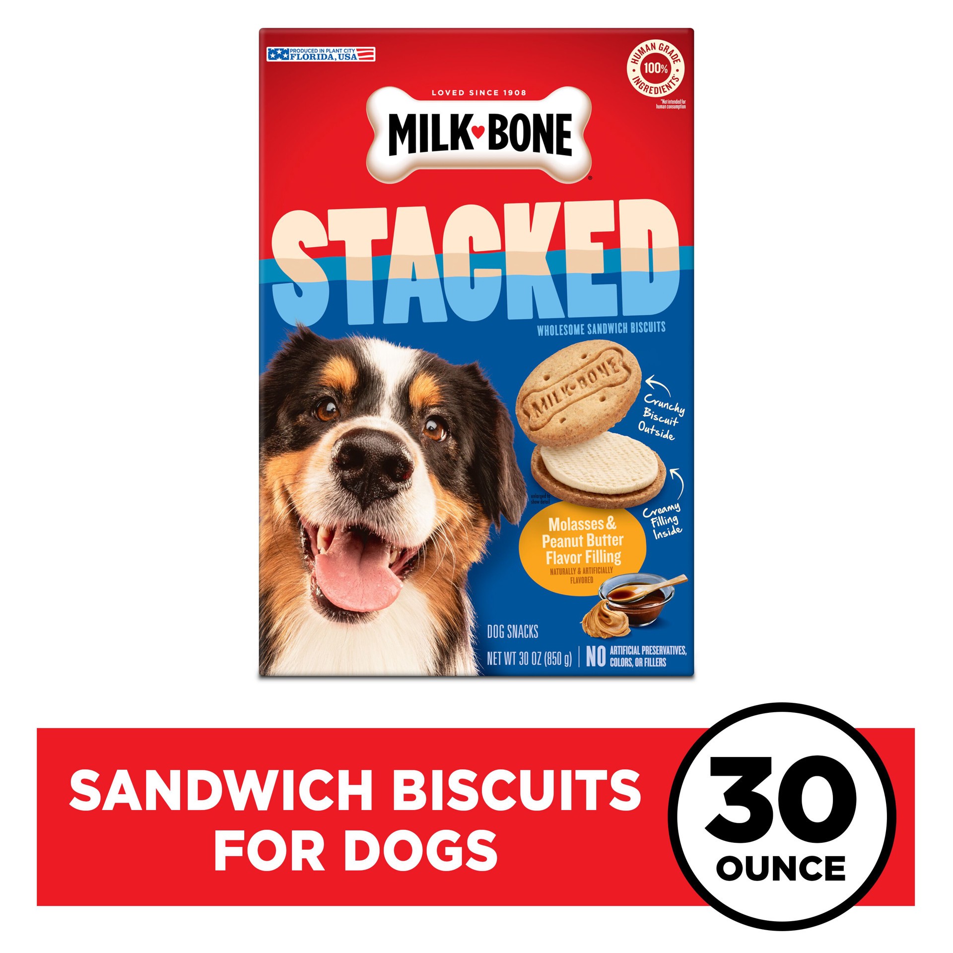 slide 8 of 8, Milk-Bone Stacked Sandwich Biscuits Molasses & Peanut Butter Flavor Filling Dog Snacks 30 oz, 30 oz