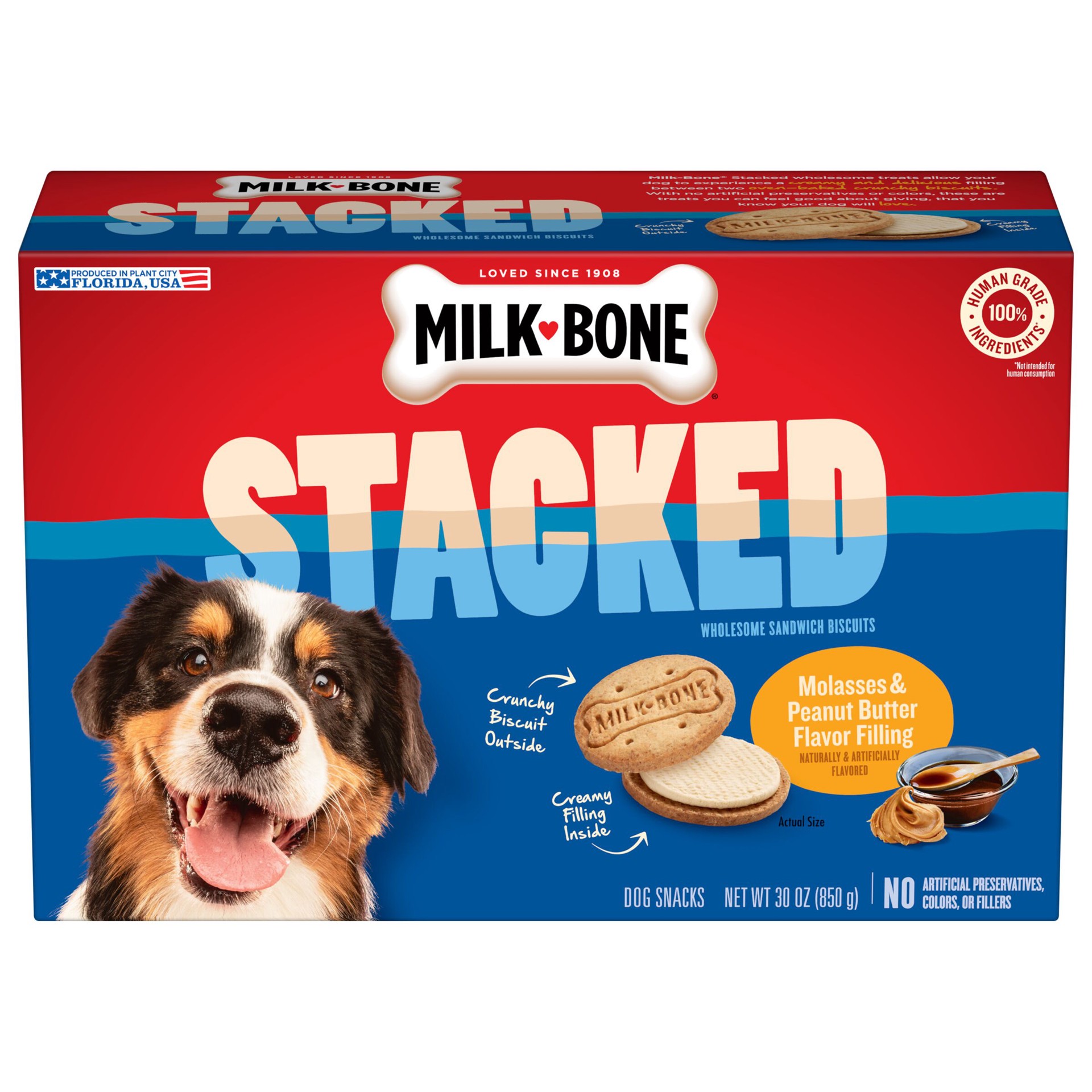 slide 4 of 8, Milk-Bone Stacked Sandwich Biscuits Molasses & Peanut Butter Flavor Filling Dog Snacks 30 oz, 30 oz