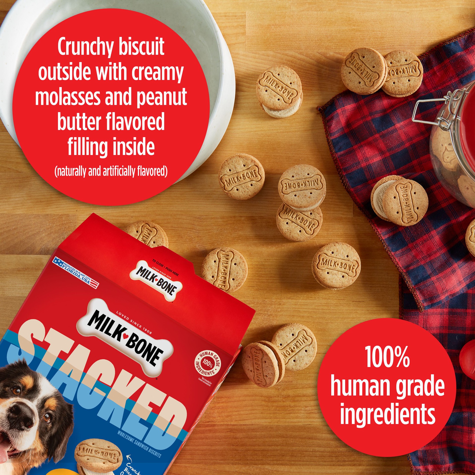 slide 3 of 8, Milk-Bone Stacked Sandwich Biscuits Molasses & Peanut Butter Flavor Filling Dog Snacks 30 oz, 30 oz