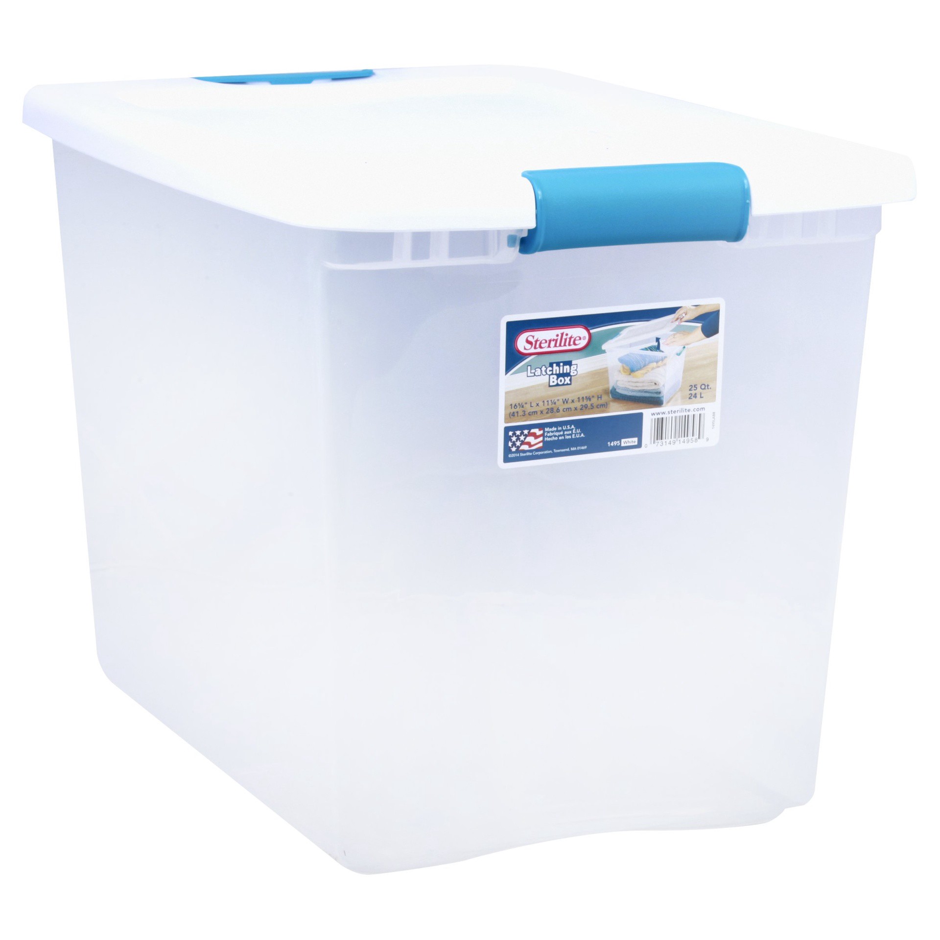 slide 1 of 17, Sterilite Storage Bins with White Lid with Blue Handles, 25 qt