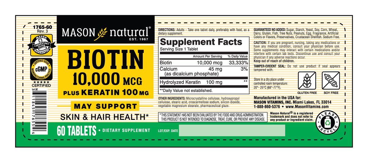 slide 10 of 10, Mason Biotin 10000 Mcg Keratin Tablets, 60 ct