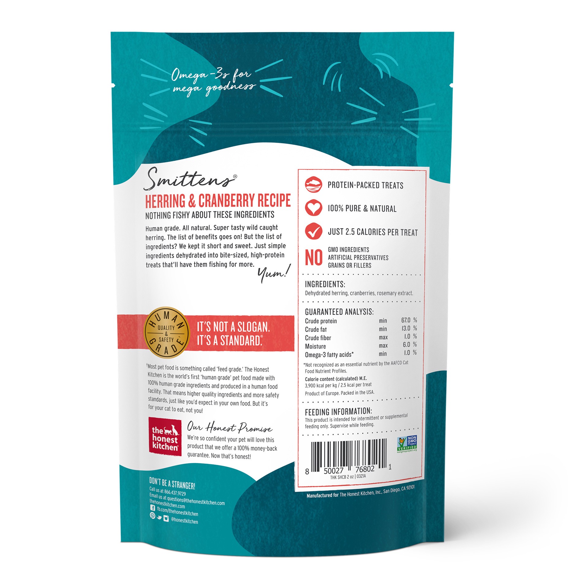 slide 4 of 4, The Honest Kitchen Smittens Bites: Round Herring & Cranberry Cat Treats, 2 oz Bag, 1 ct