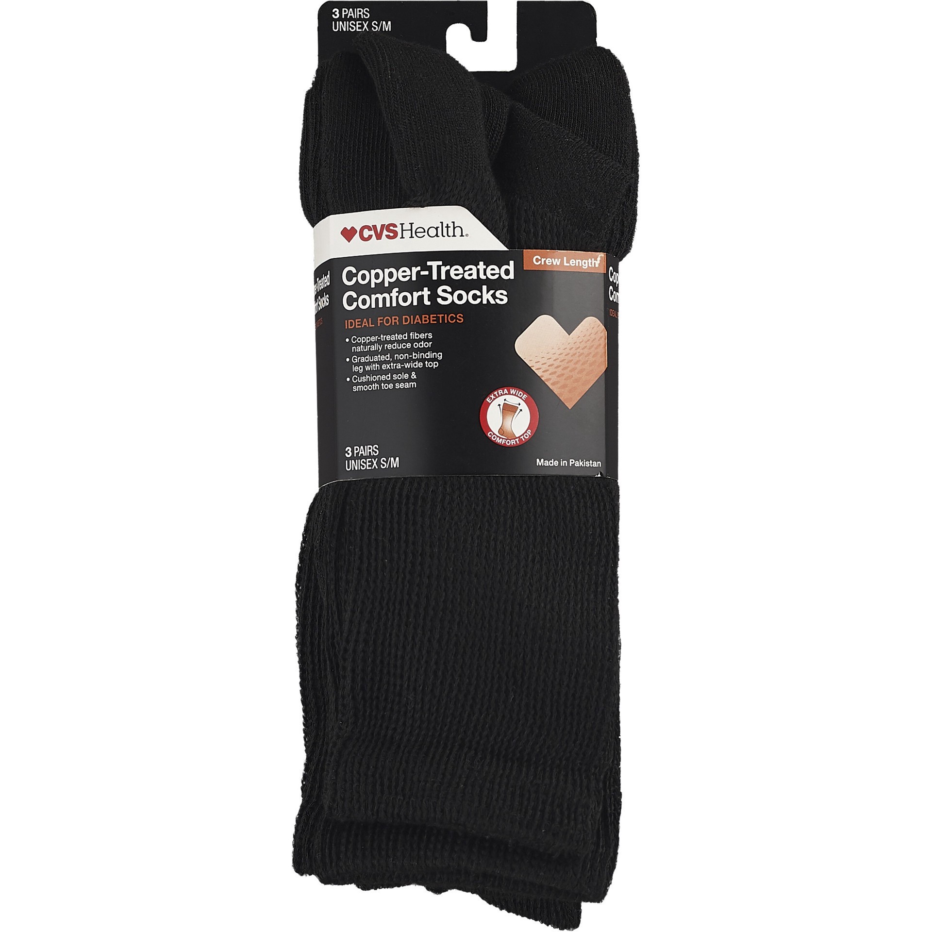 slide 1 of 1, CVS Health Copper-Infused Crew Comfort Socks Unisex, 3 Pairs, Black, S/M, 3 ct