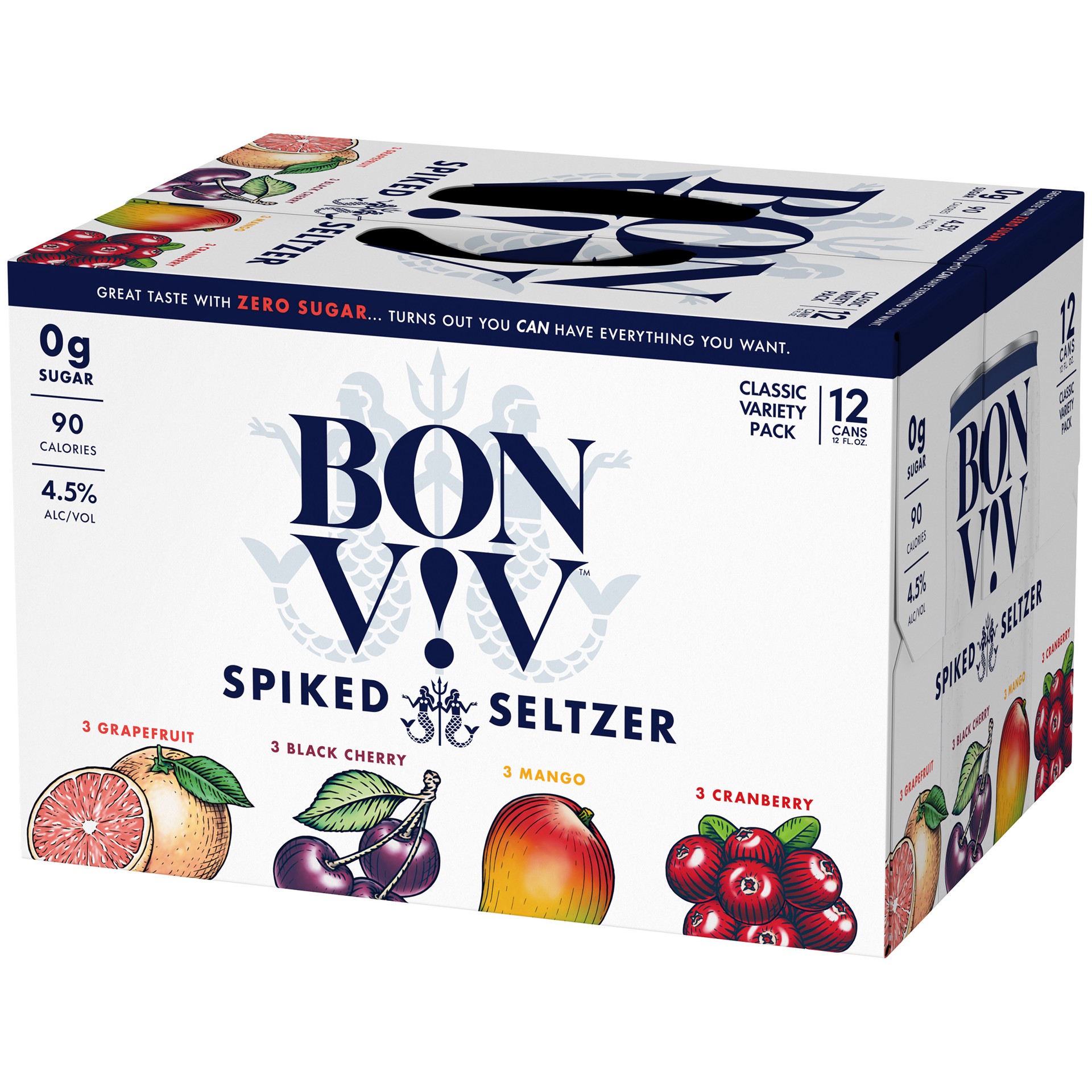 slide 3 of 5, Bon Viv BON V!V Classic Spiked Seltzer Variety Pack includes: grapefruit, black cherry, mango and cranberry. BON V!V spiked seltzers are gluten free drinks that have 0 grams of sugar and 90 calories per serving. 12 pack., 12 oz