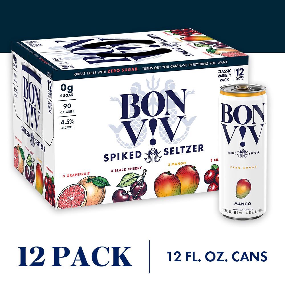 slide 4 of 5, Bon Viv BON V!V Classic Spiked Seltzer Variety Pack includes: grapefruit, black cherry, mango and cranberry. BON V!V spiked seltzers are gluten free drinks that have 0 grams of sugar and 90 calories per serving. 12 pack., 12 oz