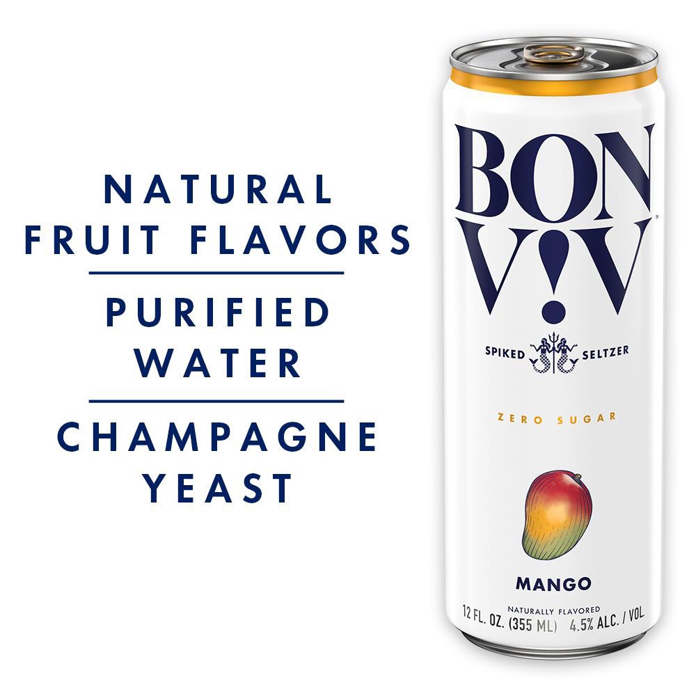 slide 5 of 5, Bon Viv BON V!V Classic Spiked Seltzer Variety Pack includes: grapefruit, black cherry, mango and cranberry. BON V!V spiked seltzers are gluten free drinks that have 0 grams of sugar and 90 calories per serving. 12 pack., 12 oz