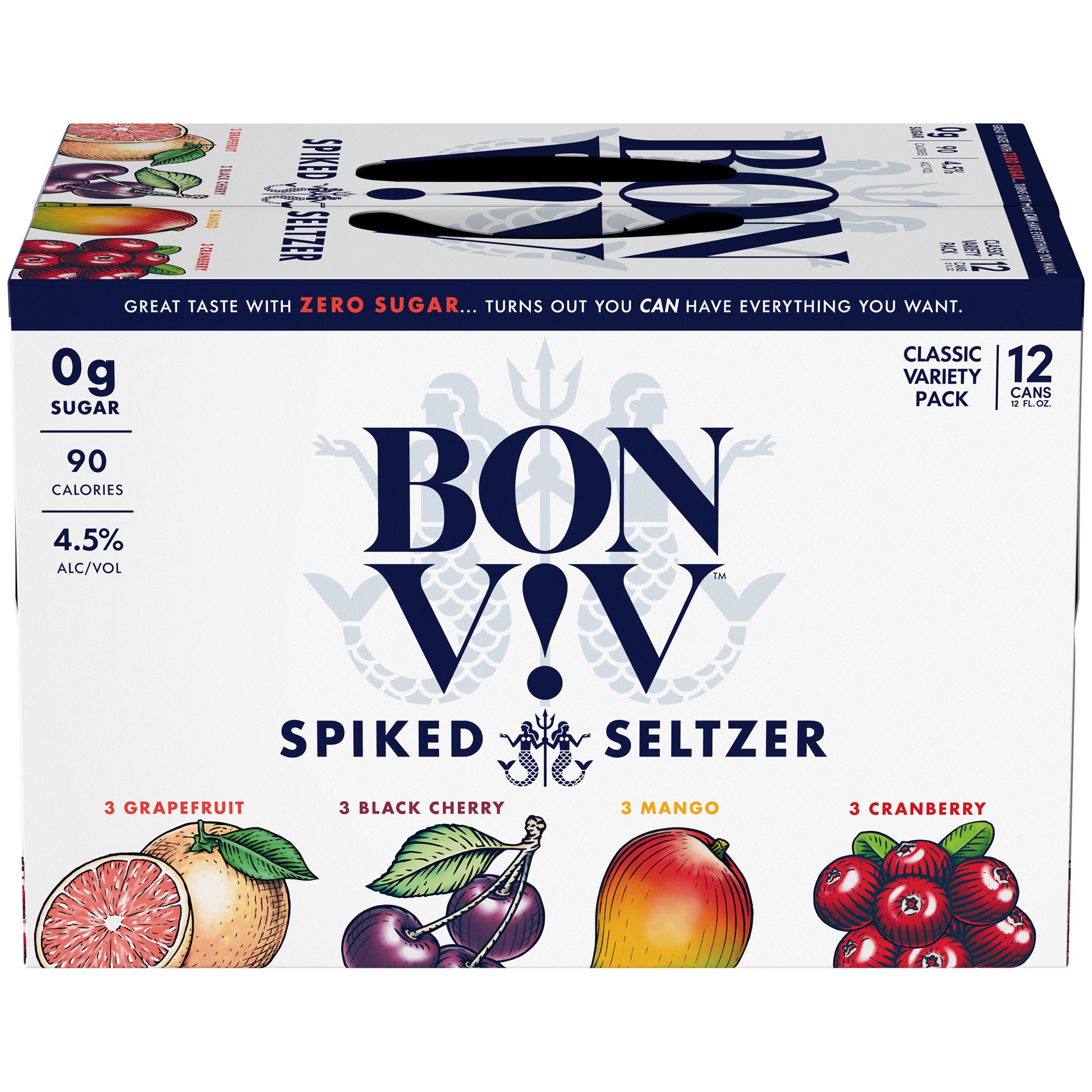 slide 2 of 5, Bon Viv BON V!V Classic Spiked Seltzer Variety Pack includes: grapefruit, black cherry, mango and cranberry. BON V!V spiked seltzers are gluten free drinks that have 0 grams of sugar and 90 calories per serving. 12 pack., 12 oz