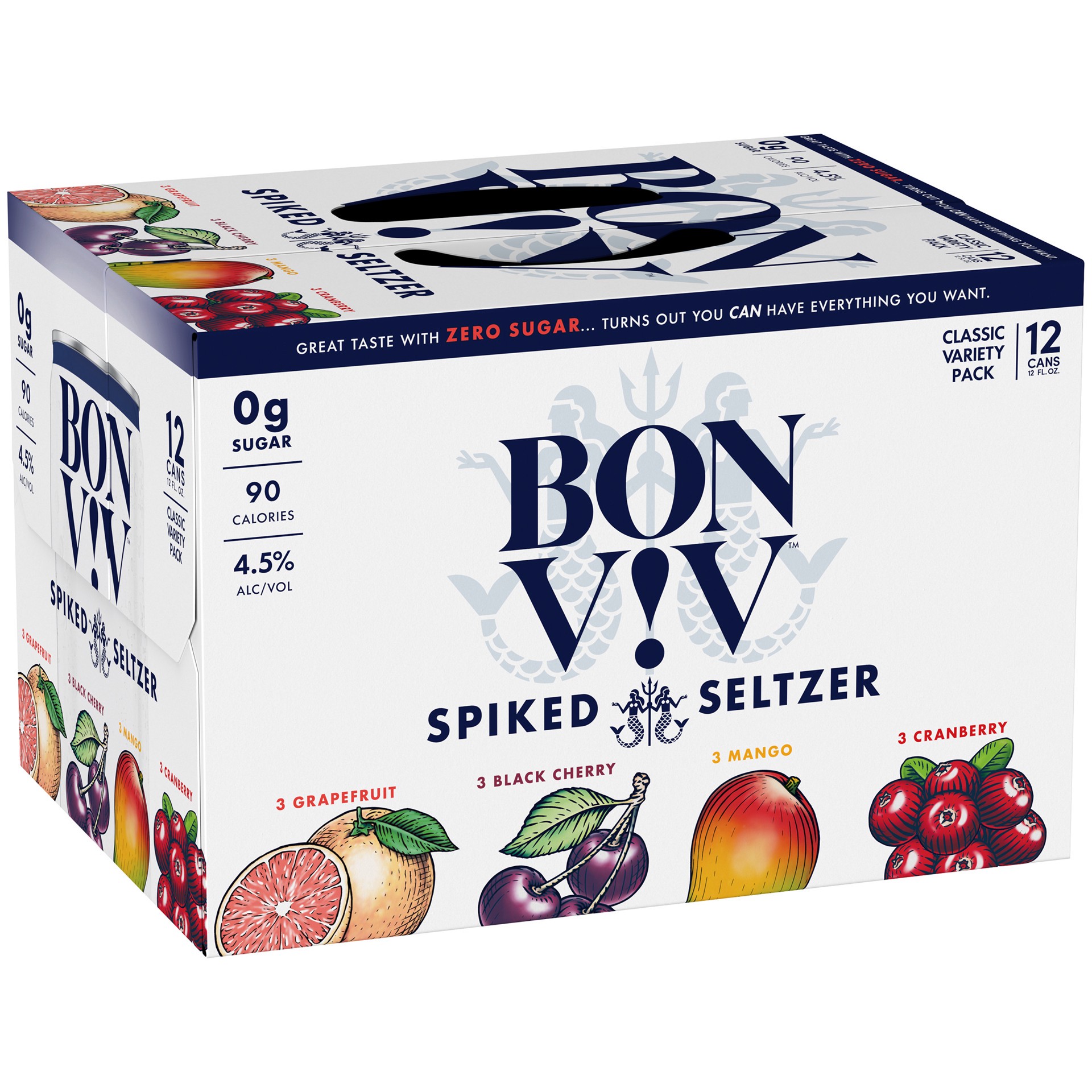 slide 1 of 5, Bon Viv BON V!V Classic Spiked Seltzer Variety Pack includes: grapefruit, black cherry, mango and cranberry. BON V!V spiked seltzers are gluten free drinks that have 0 grams of sugar and 90 calories per serving. 12 pack., 12 oz