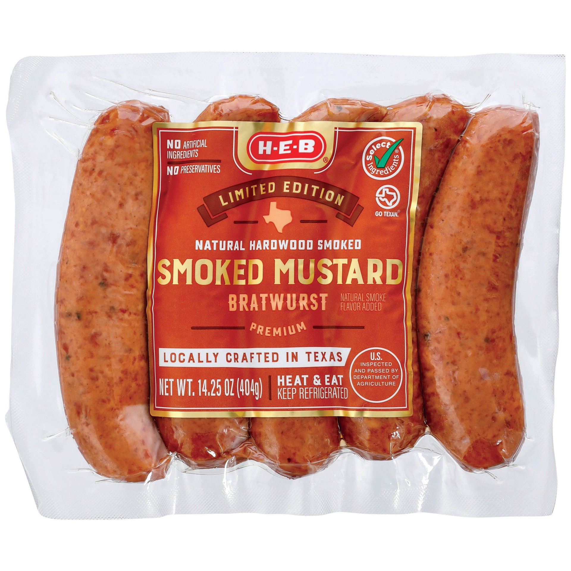 slide 1 of 1, H-E-B Smoked Mustard Bratwurst, 5 ct