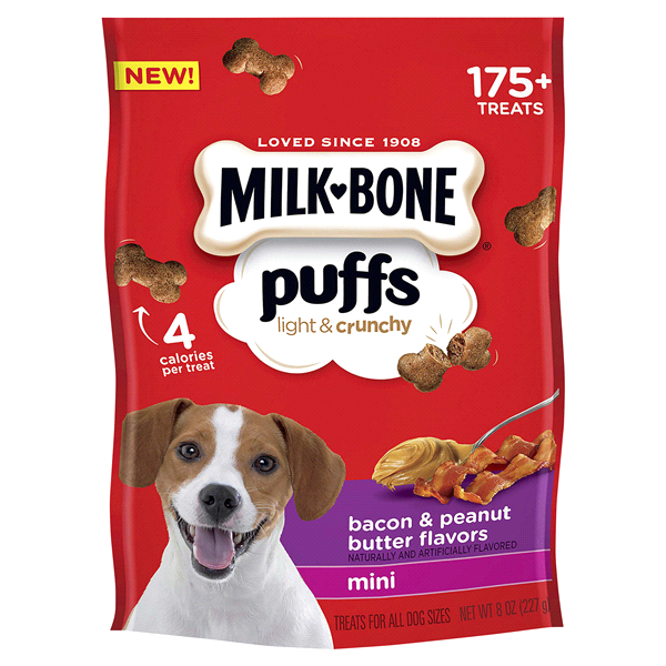 slide 1 of 6, Milk-Bone Puffs Treats For Dogs, Bacon & Peanut Butter Flavors, Mini, 8 oz