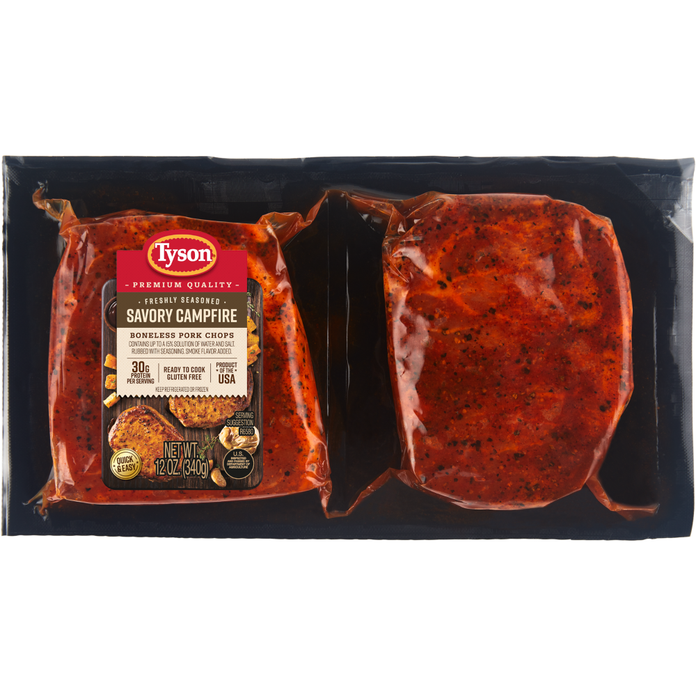 slide 1 of 3, Tyson Premium Quality Freshly Seasoned Savory Campfire Boneless Pork Chops, 0.75 lb