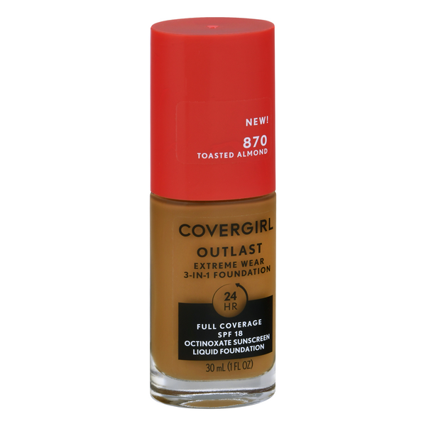 slide 1 of 1, Covergirl Outlast Extreme Wear 3-N-1 Foundation, Toasted Almond 870, Spf18, 1 fl oz