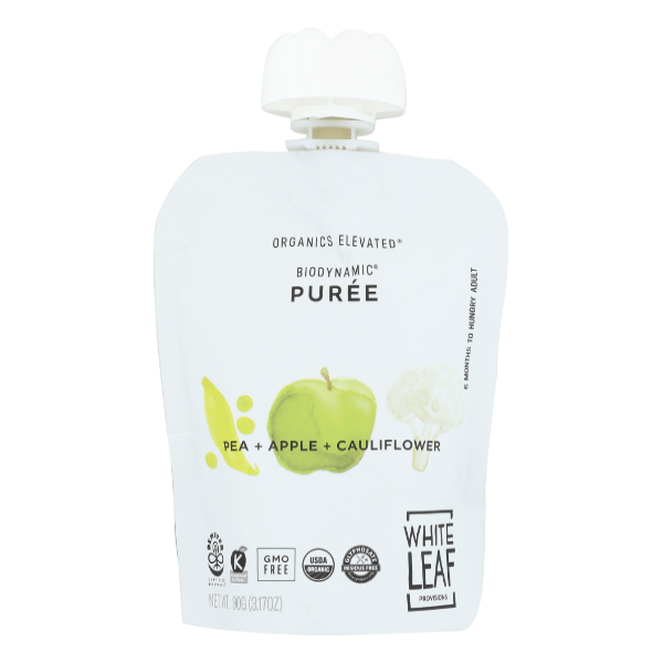 slide 1 of 1, White Leaf Provisions Pea, Apple & Cauliflower Puree Biodynamic Baby Food, 90 gram