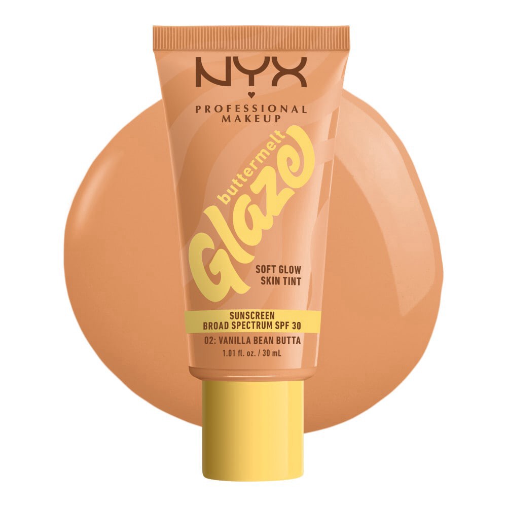 slide 5 of 6, NYX Professional Makeup Buttermelt Glaze Soft Glow Skin Tint with SPF 30 02 Vanilla Bean Butta, 1.01 fl oz
