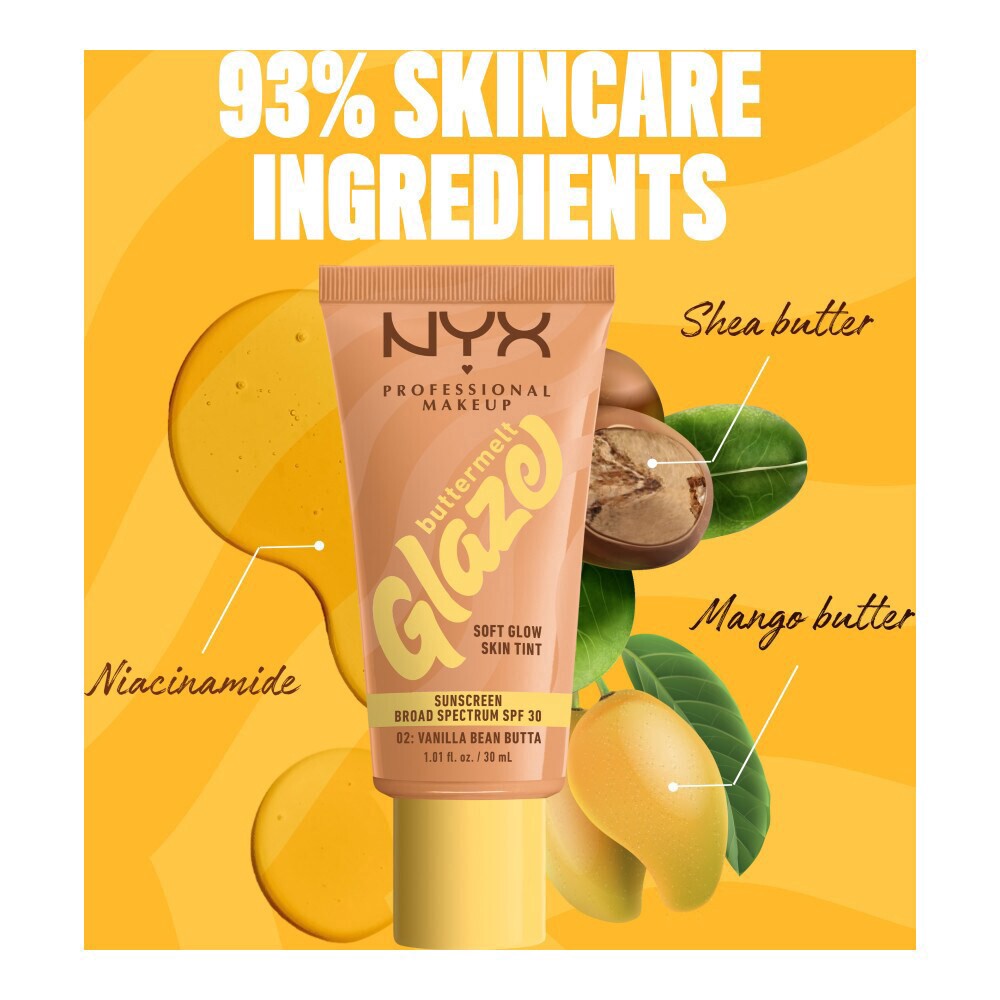 slide 4 of 6, NYX Professional Makeup Buttermelt Glaze Soft Glow Skin Tint with SPF 30 02 Vanilla Bean Butta, 1.01 fl oz