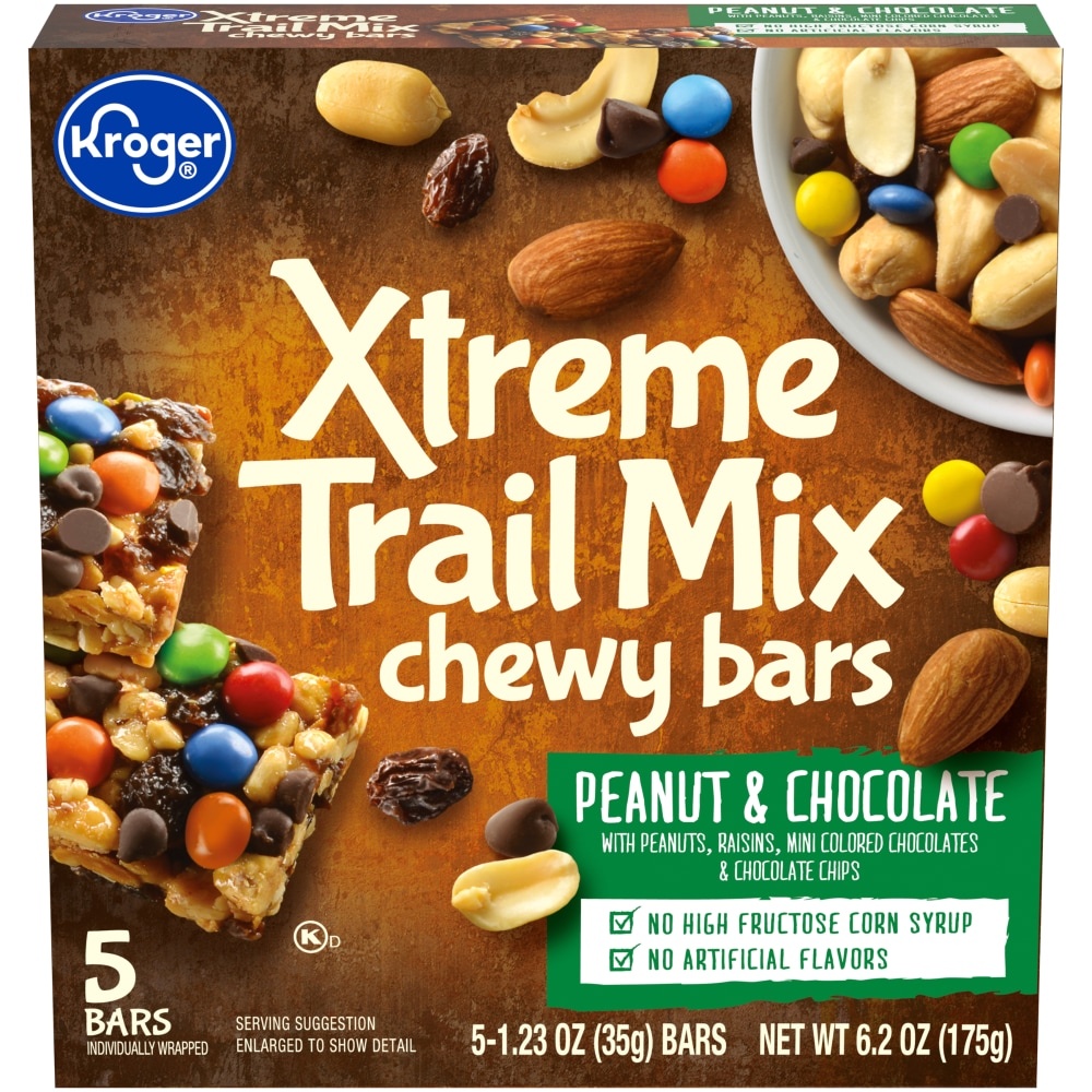 slide 1 of 1, Kroger Xtreme Trail Mix Chewy Peanut & Chocolate Bars, 5 ct; 1.24 oz
