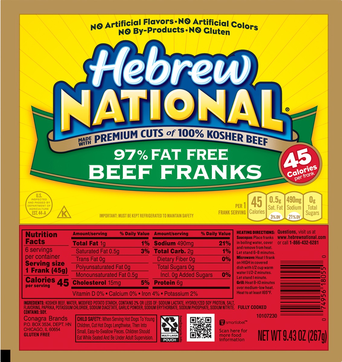 slide 4 of 6, Hebrew National 97% Fat Free Beef Franks 9.43 oz, 9.43 oz