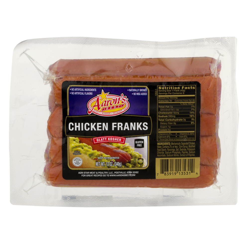 slide 1 of 1, Aaron's Best Chicken Franks, 12 oz