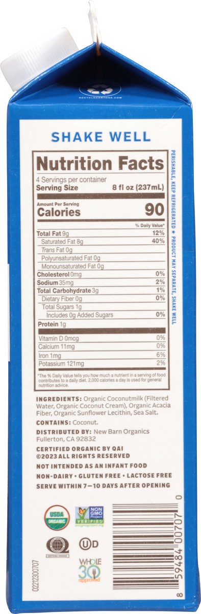 slide 8 of 15, New Barn Organics Unsweetened Coconut Coconut Milk 32 fl oz, 32 fl oz