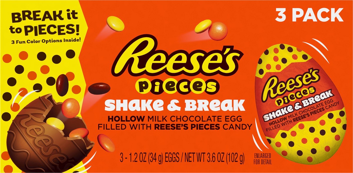 slide 3 of 4, Reese's PIECES Shake and Break Milk Chocolate Eggs Candy, 1.2 oz, Packs (3 Count), 1.2 oz