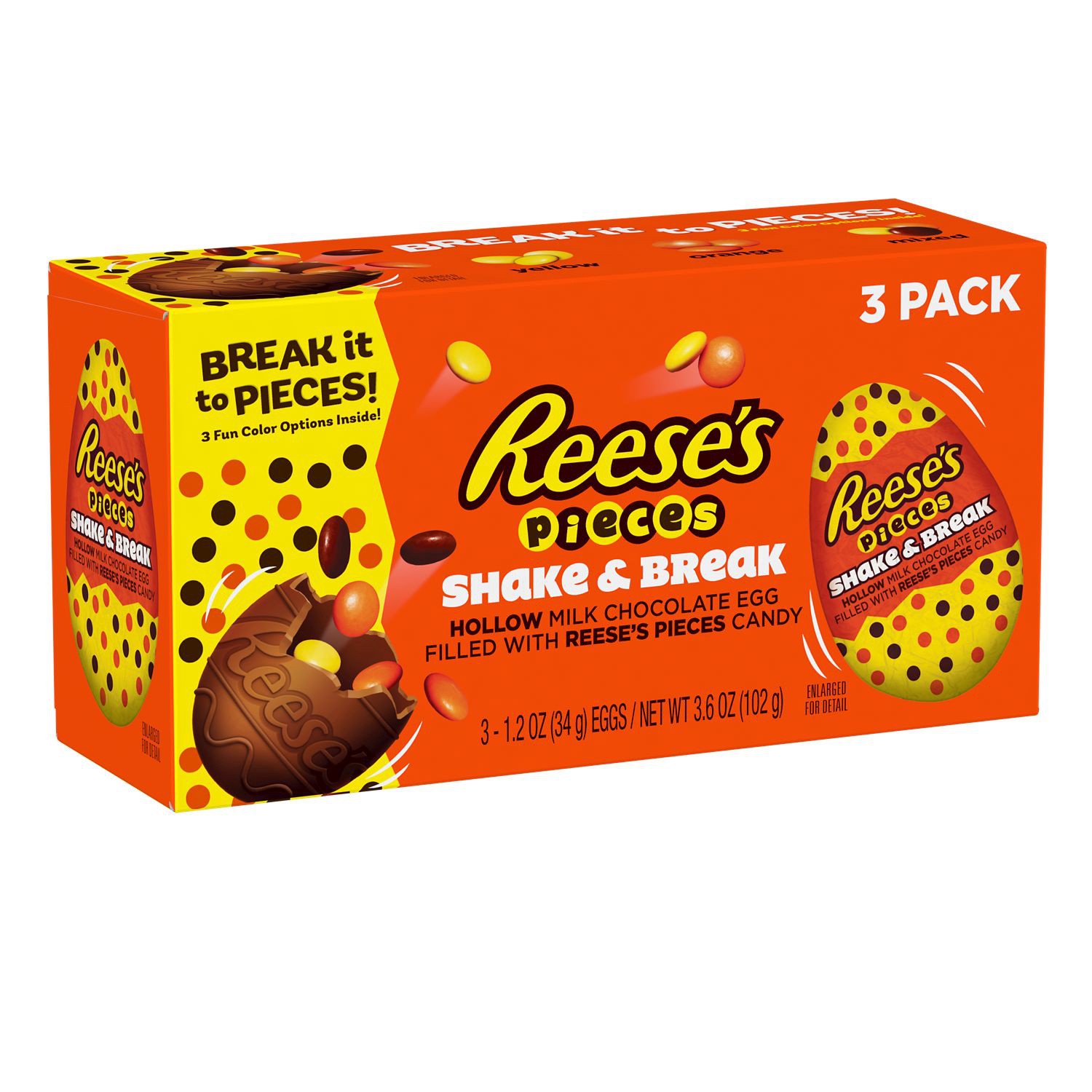 slide 1 of 4, Reese's PIECES Shake and Break Milk Chocolate Eggs Candy, 1.2 oz, Packs (3 Count), 1.2 oz