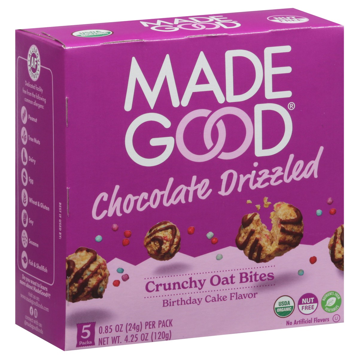 slide 5 of 9, MadeGood Crunchy Chocolate Drizzled Birthday Cake Flavor Oat Bites 5 - 0.85 oz Packs, 4.25 oz