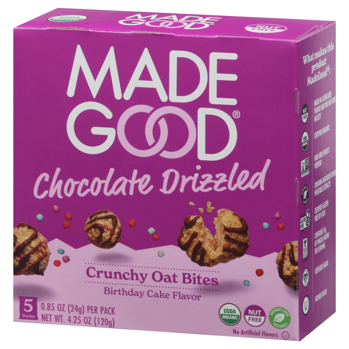 slide 8 of 9, MadeGood Crunchy Chocolate Drizzled Birthday Cake Flavor Oat Bites 5 - 0.85 oz Packs, 4.25 oz