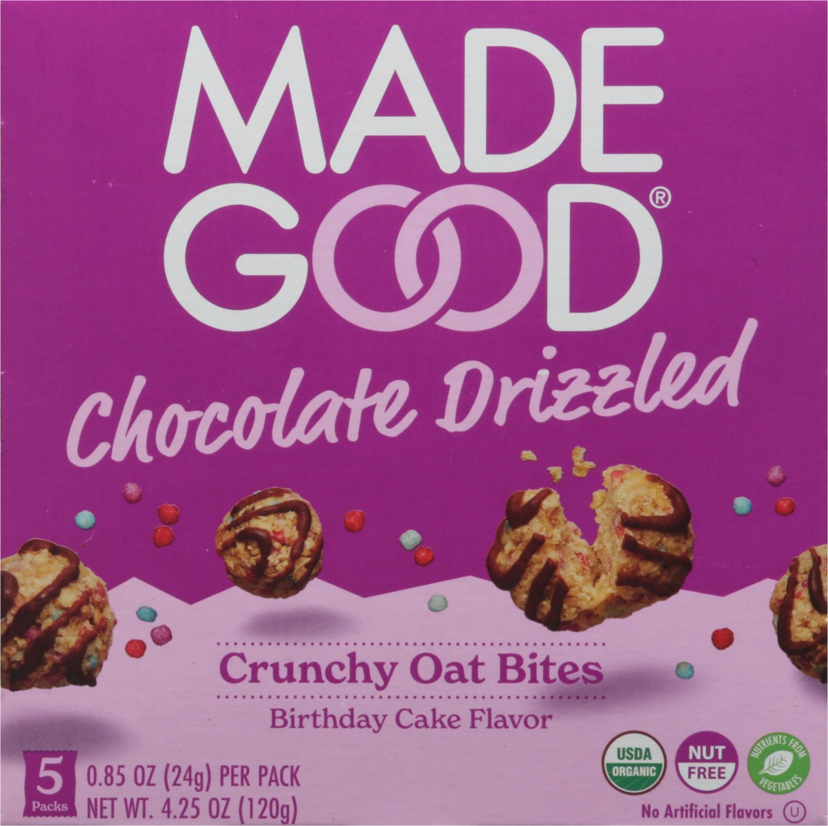 slide 2 of 9, MadeGood Crunchy Chocolate Drizzled Birthday Cake Flavor Oat Bites 5 - 0.85 oz Packs, 4.25 oz