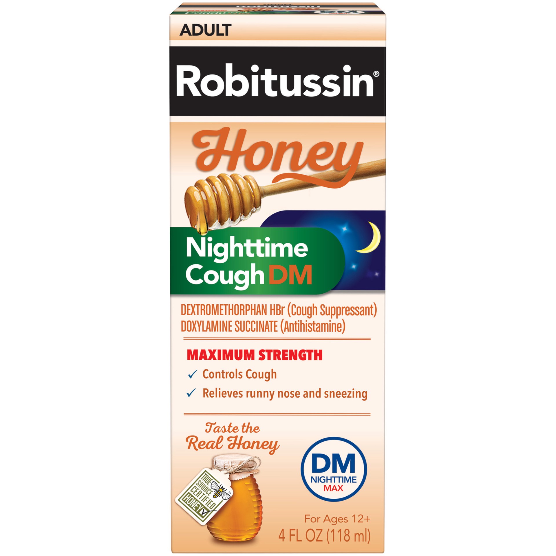 slide 1 of 6, Robitussin Maximum Strength Honey Nighttime Cough DM, Cough Medicine for Adults Made with Real Honey for Flavor- 4 Fl Oz Bottle, 4 fl oz