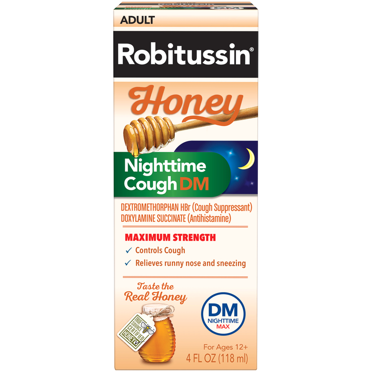 slide 1 of 6, Robitussin Honey Nighttime Cough DM Maximum Strength Adult Cough Remedy Liquid, 4 fl oz